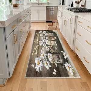 Long absorbent kitchen rug with white daisy and wood grain print for home decor