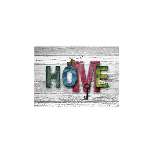 Absorbent rustic kitchen mat featuring colorful HOME lettering with vintage key and flower
