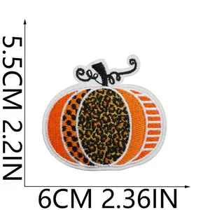Close-up view of leopard print pumpkin embroidery iron-on patch with size dimensions