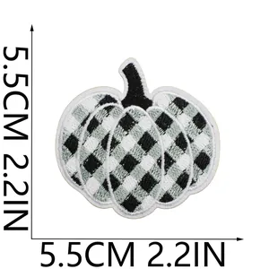 Detailed view of checkered pumpkin embroidery patch showing 5.5cm (2.2 inch) size