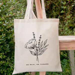 Dames Canvas Tote Bag Bloemenprint Esthetische Schoudertas Met No Rain No Flowers Citaat Grote Capaciteit Milieuvriendelijke Boodschappentas