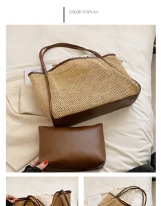 Detailansicht der großen Stroh-Einkaufstasche mit passender brauner Leder-Clutch