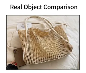 Detailansicht der großen Strohtasche mit weißen Lederbesätzen und Trageriemen