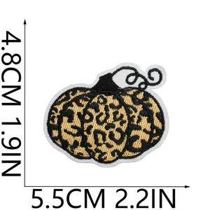 Detailed view of leopard print pumpkin embroidered patch showing 5.5cm x 4.8cm size