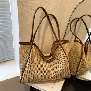 Damen Große Kapazität Strohgeflecht Tragetasche 2025 Sommer Strand Schultertasche Urban Minimalistisch PU Lederbesatz Handtasche