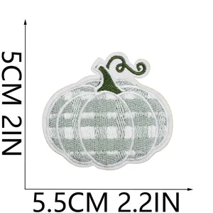 Detailed size specifications for artistic pumpkin embroidery patch in green plaid