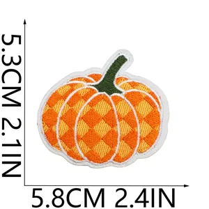 Embroidered pumpkin patch with checkerboard pattern, size 5.3cm x 5.8cm for bags.