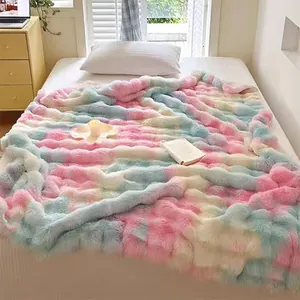 Couverture en fausse fourrure tie-dye colorée douce avec texture bulle pour lit ou canapé
