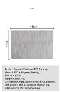 Detail view of grey woven PVC placemat, heat-resistant and easy to clean, 45x30cm