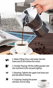 Detail view showing 4-step brewing instructions for the octagonal aluminum Moka pot.