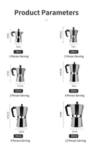 Detailed size comparison chart for aluminum Moka pot espresso makers from 50ml to 600ml