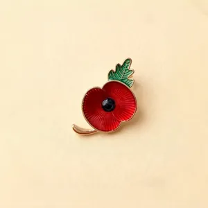Gros plan d'une broche en émail coquelicot rouge avec bordure dorée et feuille verte