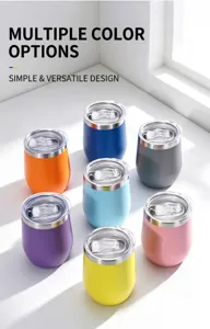 Group of colorful stainless steel vacuum insulated eggshell tumblers with clear lids