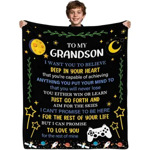 Warm Inspirational To My Grandson Throw Blanket Flannel Fleece Blanket Soft Lettering Bedding For Birthday Graduation Gift