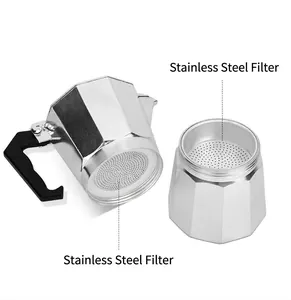 Detailed close-up of the stainless steel filter mesh inside a classic octagonal Moka pot