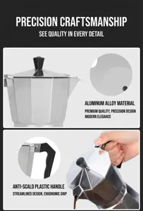 Detailed view of an aluminum Moka pot with a heat-resistant handle and pouring coffee