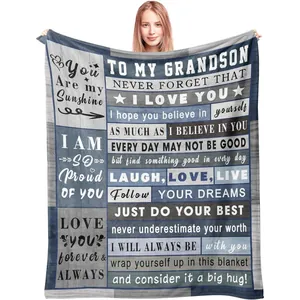 Soft personalized fleece throw blanket for grandson with inspirational heart-to-heart message