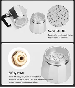 Detail view of moka pot stainless steel filter mesh and brass safety valve assembly.