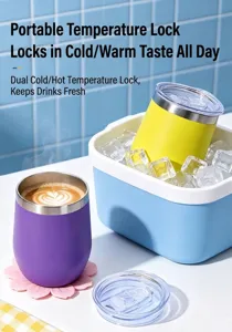 Detailed view of insulated eggshell tumblers for hot coffee and cold drinks with ice