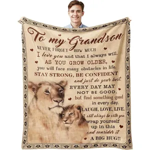 Soft lion pattern blanket for grandson with sentimental quote gift for birthday