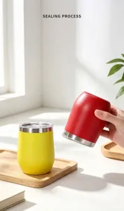 Close-up of leak-proof mini stainless steel insulated egg cups in yellow and red