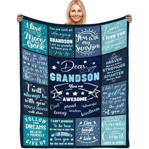 Soft blue flannel throw blanket for grandson with heartwarming inspirational quotes