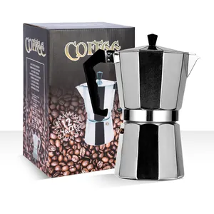 Classic silver aluminum moka pot espresso maker shown with its 12-cup retail packaging