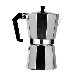 Classic silver aluminum moka pot for stovetop espresso brewing at home or office.