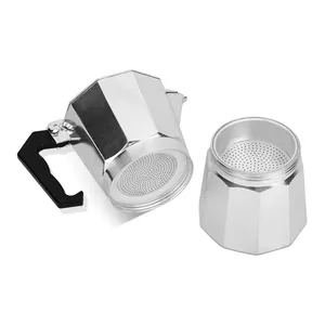 Classic aluminum octagonal moka pot, split view showing the internal filter detail.