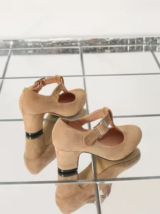 Vista dettagliata delle scarpe Mary Jane in camoscio beige con fibbia a T e tacco largo