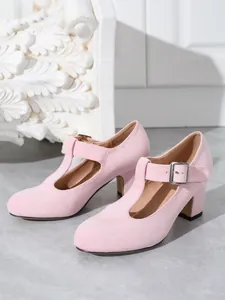 Scarpe Mary Jane rosa in pelle scamosciata con cinturino a T e tacco largo