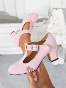 Eleganti scarpe Mary Jane rosa in finta pelle scamosciata con fibbia a T e tacco largo