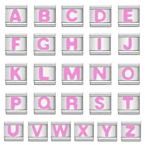 DIY Italian Charms Bracelet Pink Enamel Alphabet Letters Stainless Steel Modular Link Charms Jewelry For Watch Band Bracelet
