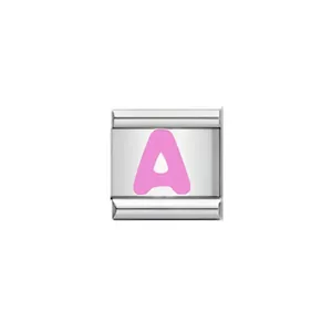 Close-up of a stainless steel Italian charm featuring a pink enamel letter A