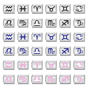 Set of stainless steel Italian charm links featuring colorful zodiac sign symbols for DIY