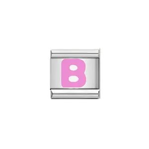 Stainless steel Italian charms bracelet link with pink enameled letter B detail
