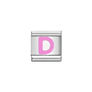 Close-up of a stainless steel Italian charm with a pink letter D design