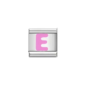Close-up detail of a stainless steel Italian charm link with pink enamel letter E