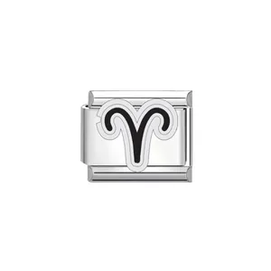 Detailed view of an Aries zodiac sign on a polished stainless steel modular charm link