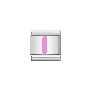 Detailed view of a stainless steel Italian charm link with pink enamel letter I design
