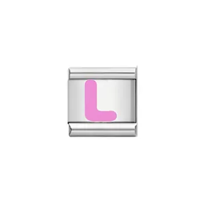 Close-up detail of a silver modular Italian charm link featuring a pink letter L design.