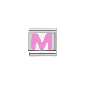 Detailed close-up of pink enamel letter M on a silver Italian charm bracelet link.