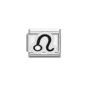 Close-up detail of a silver stainless steel modular charm with a black Leo zodiac sign