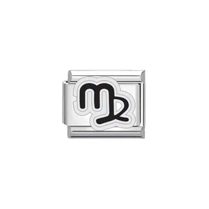 Macro view of stainless steel Virgo zodiac charm link for Italian modular bracelets.