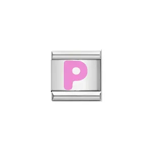 Macro view of a stainless steel Italian charm link featuring a pink bubble letter P