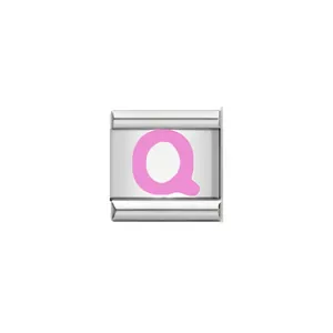 Detailed macro view of a stainless steel Italian charm with a pink enameled letter Q.