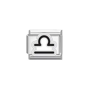 Close-up of Italian charm link featuring black Libra zodiac symbol on stainless steel