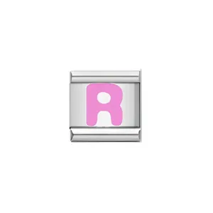 Detailed close-up view of a modular Italian charm bracelet link with a pink enamel letter R.