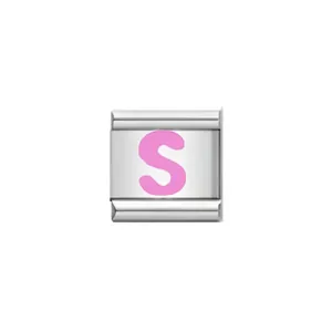 Detail of an Italian charm module for DIY bracelets featuring a pink enamel letter S
