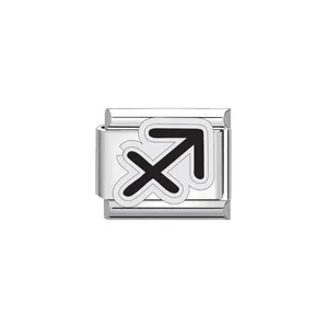 Macro detail of stainless steel Italian modular charm featuring Sagittarius zodiac sign